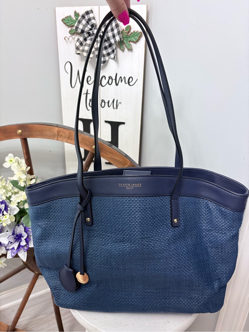 Draper James Navy Blue Woven Tote with Leather Trim